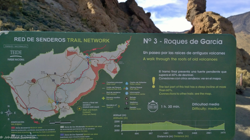 Teiden kansallispuiston Roques de Garcia -reitin opastaulu.