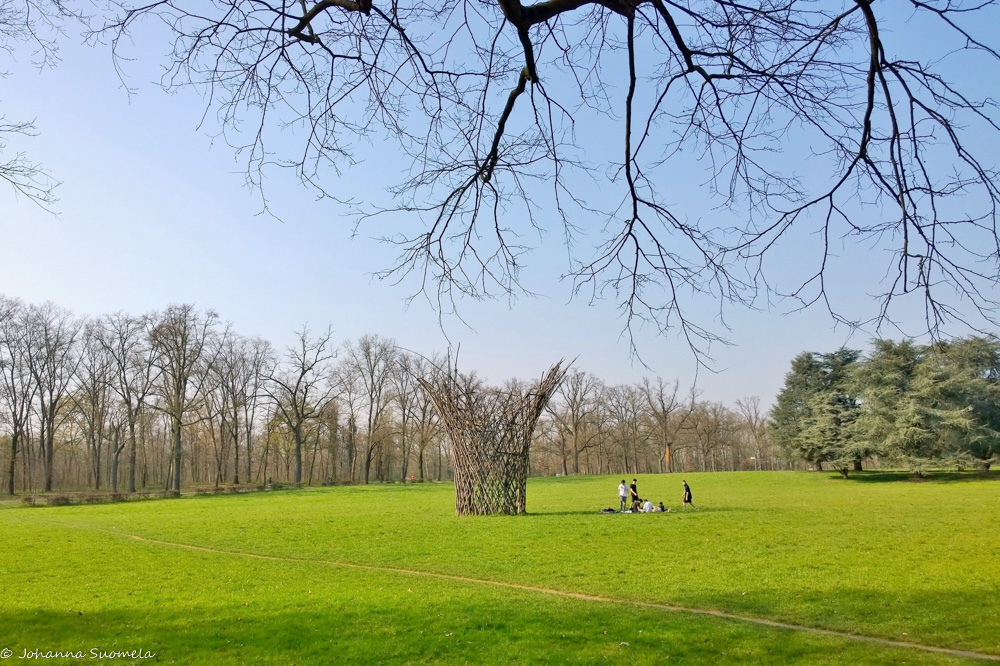 Puusta tehty tilataideteos Monzan puistossa.