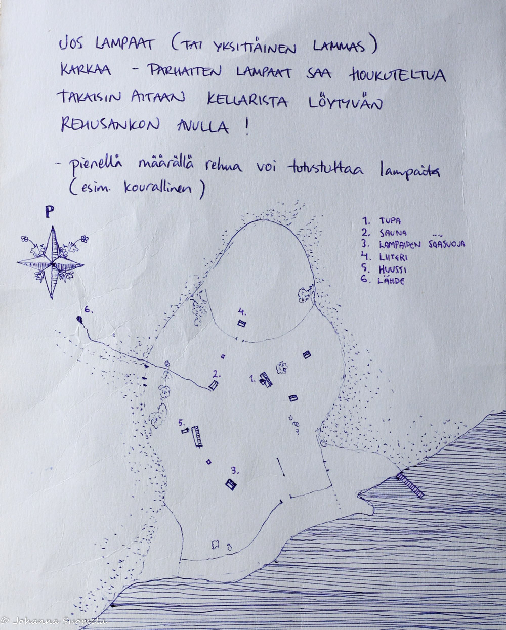 Piirroskartta Kaapin Jounin pihapiirin rakennuksista.