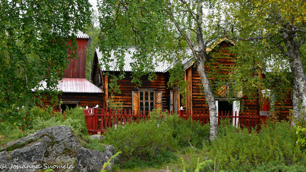 Pielpajärven erämaakirkko ja koivuja kirkon edessä.