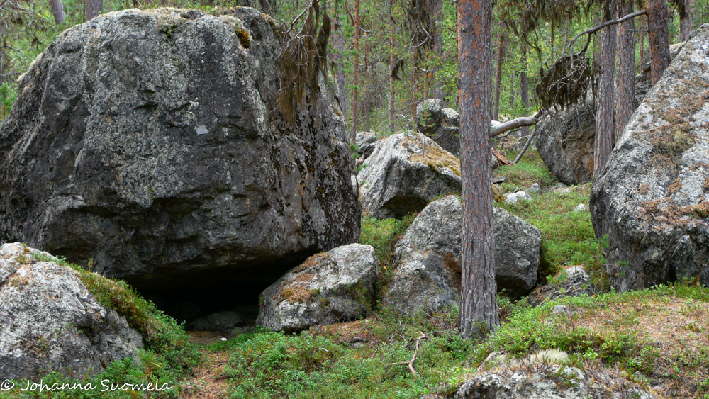 Isoja siirtolohkareita ja pienempiä kivä kirkkopolun varrella.
